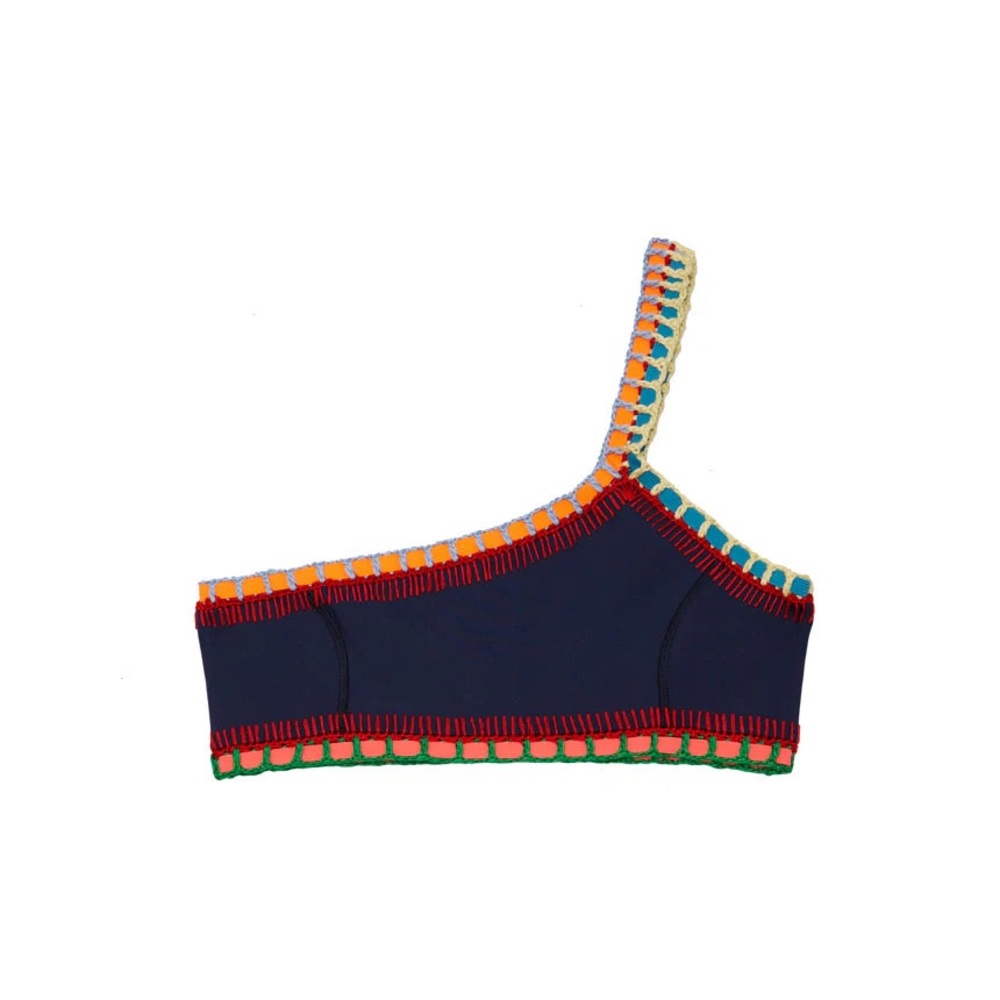 KIINI Navy Blue One-Shoulder Bikini with Multicolor Crochet Trim